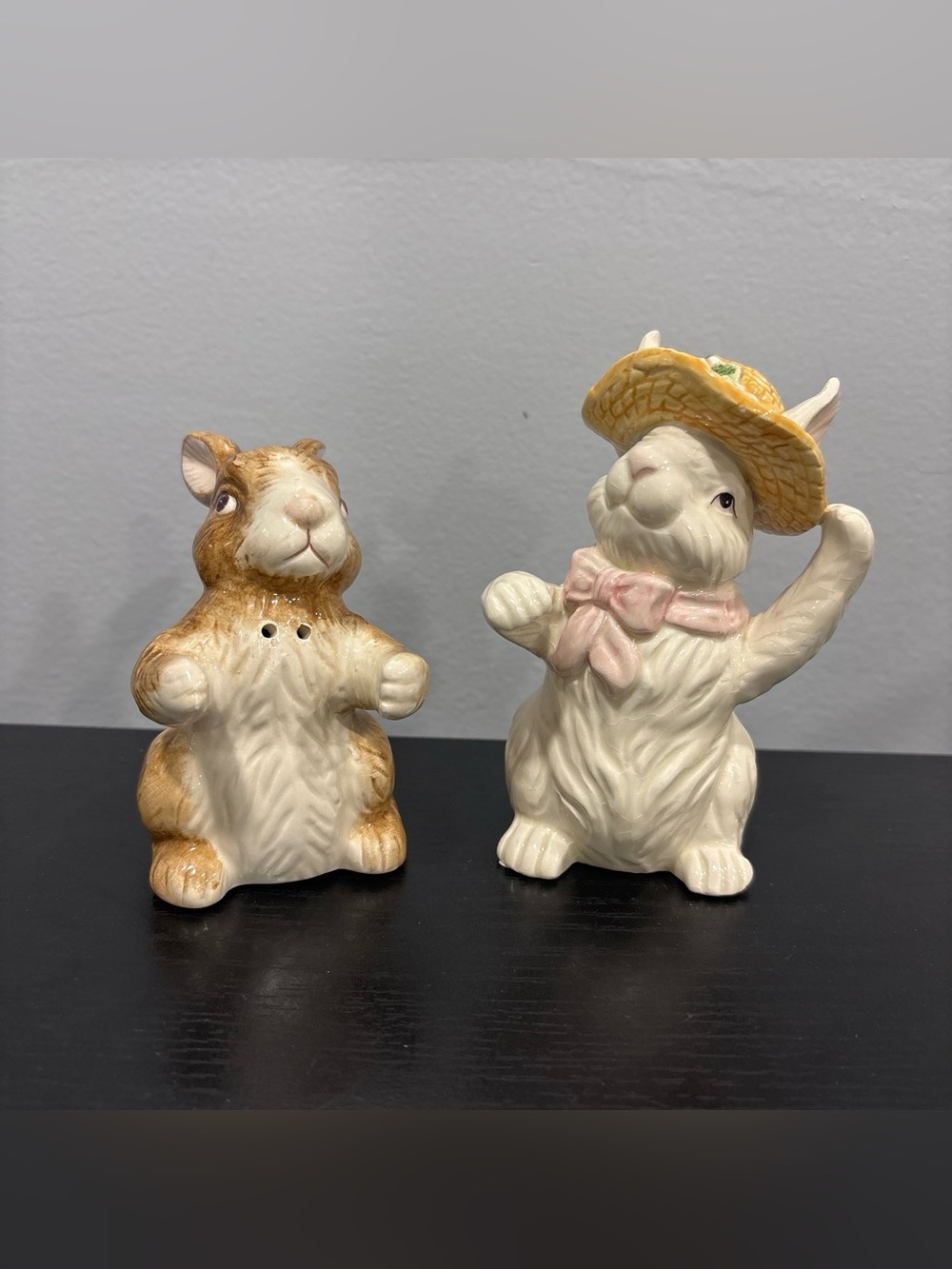 Ceramic Bunny Salt and Pepper Shaker Set -  one chip- country cottagecore